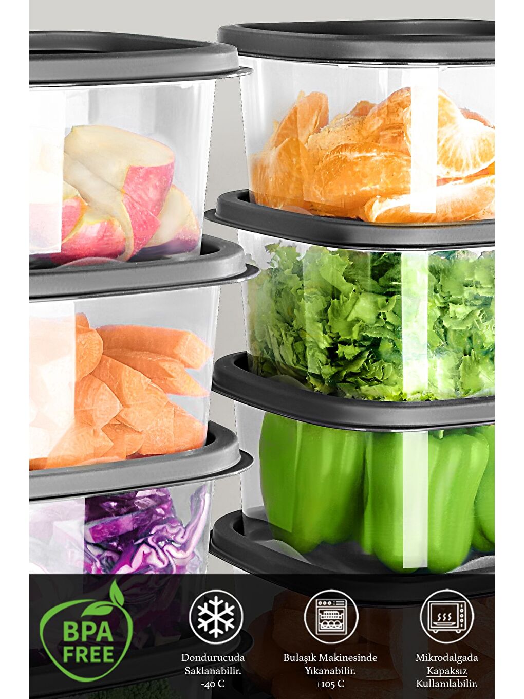 Gri 6 Adet Kare Erzak Gıda Saklama Kabı 630 ml Antrasit-1