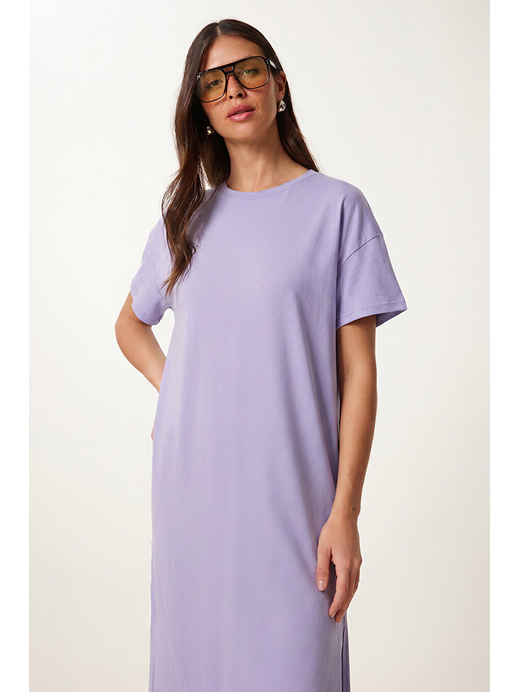 Yırtmaçlı Basic Yazlık Örme Elbise Lila Lrn0050-2