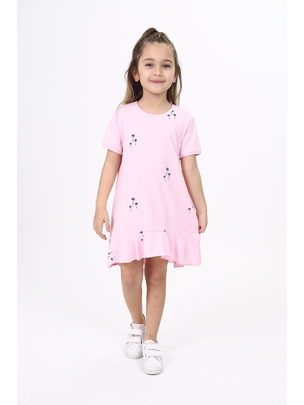 Pembe Kız Çocuk Baskılı Elbise-1