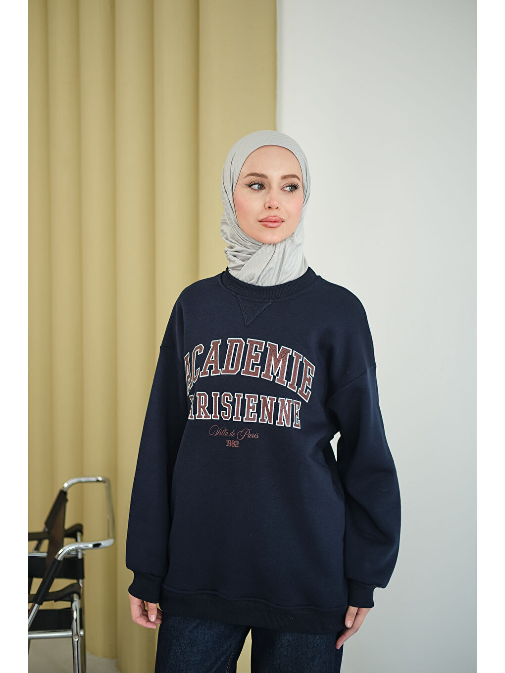 Kadın Yazı Baskılı Nakış İşlemeli Oversize Sweat Lacivert-2
