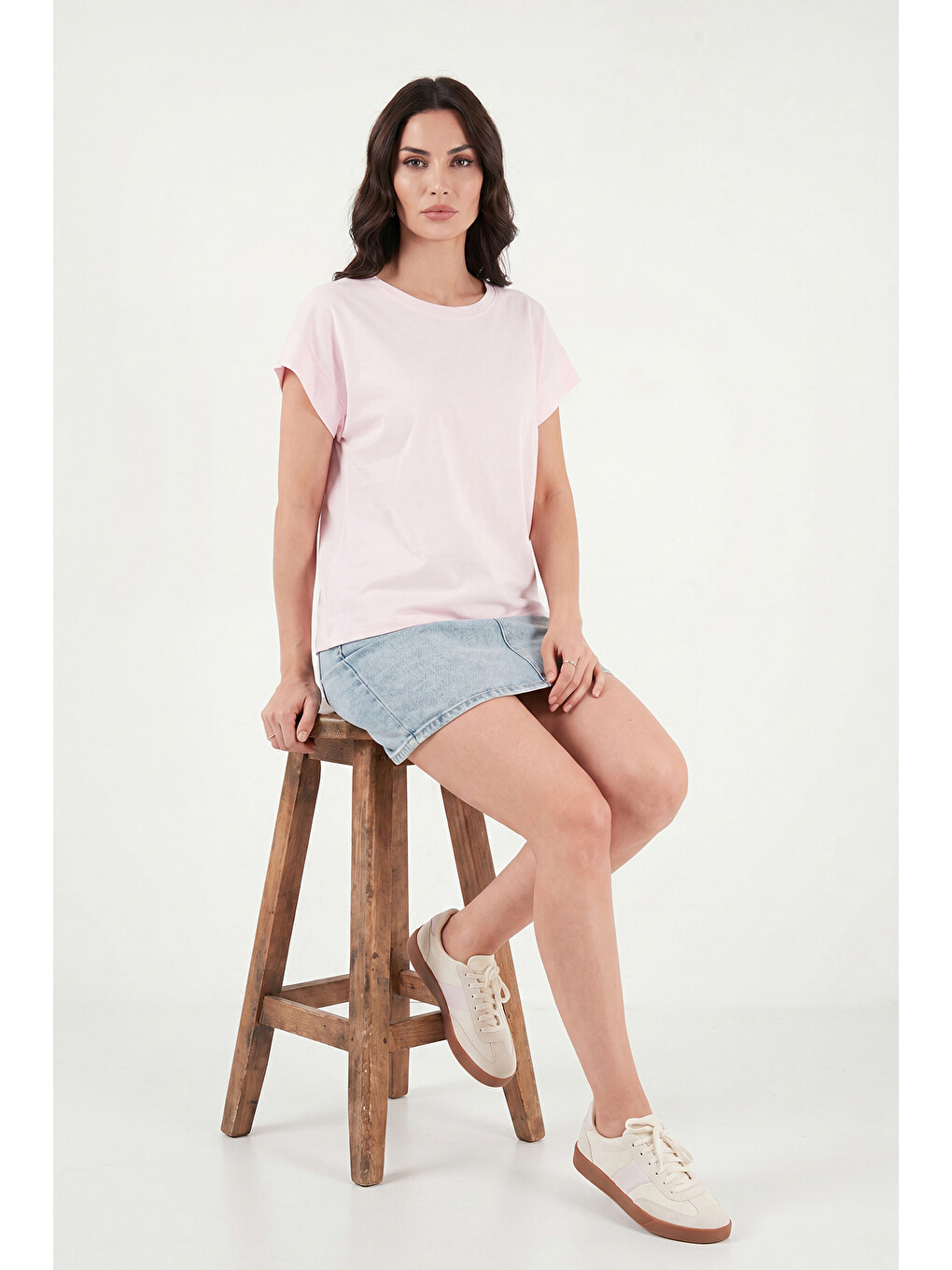 Pembe Pamuklu Rahat Kalıp Bisiklet Yaka Kadın T Shirt 5866955-3