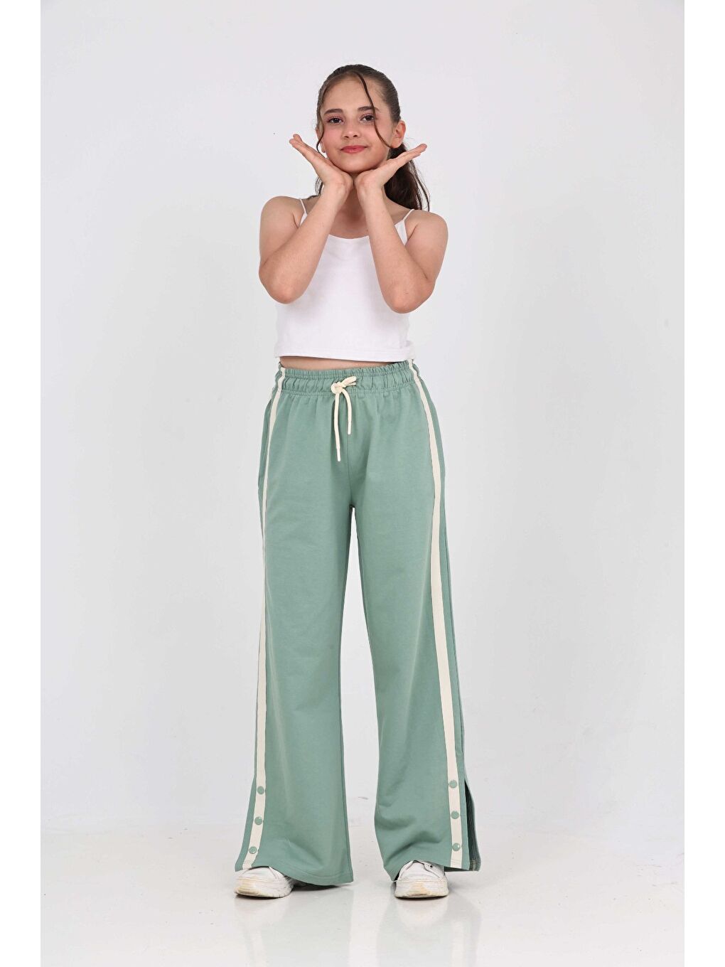 Gri Kız Çocuk Boydan Şeritli Eşofman Alt