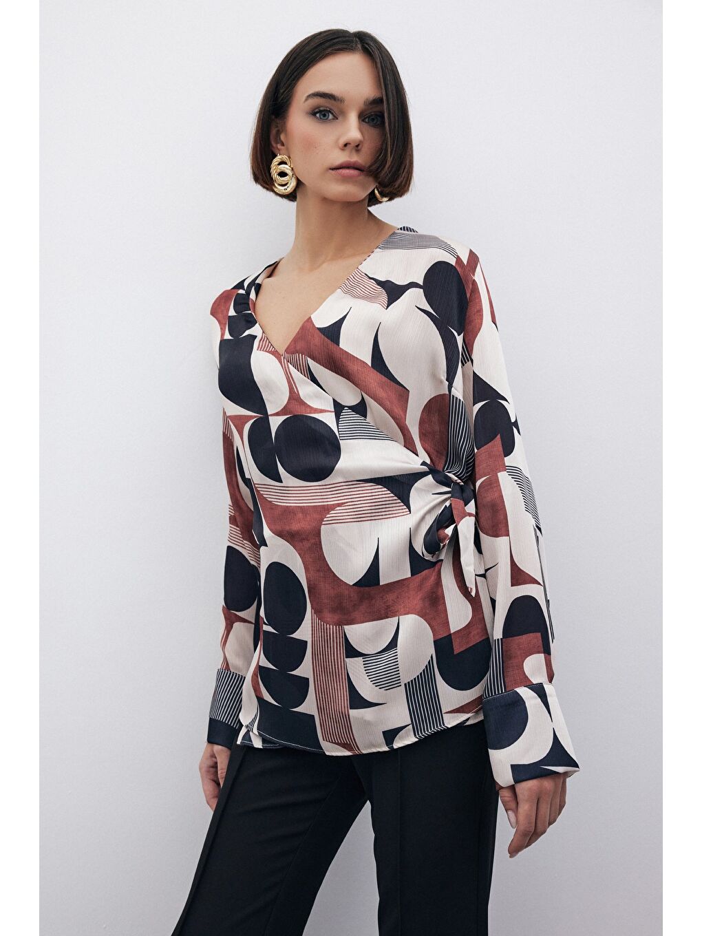 Kahverengi Kruvaze Yan Bağlamalı Bluz - Kahve-3