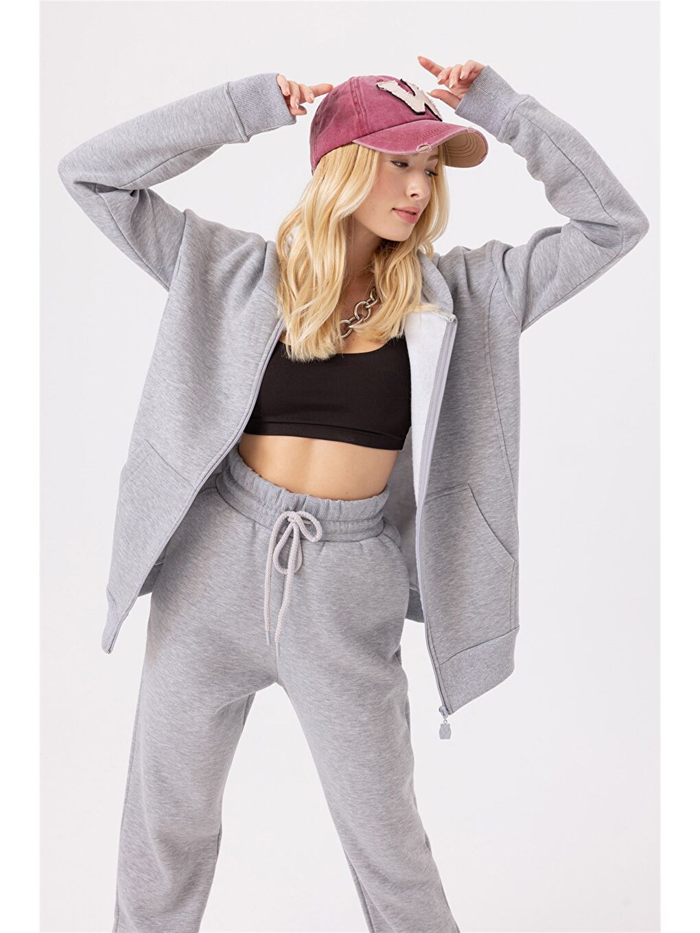 Kadın Oversize Fermuarlı Kapüşonlu Gri Sweatshirt-2