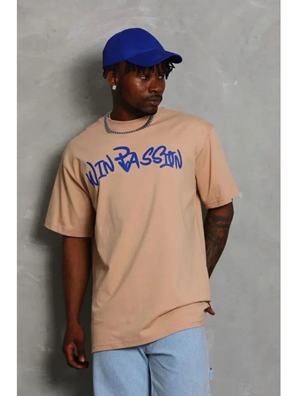 Bej Erkek Baskılı Tişört-2