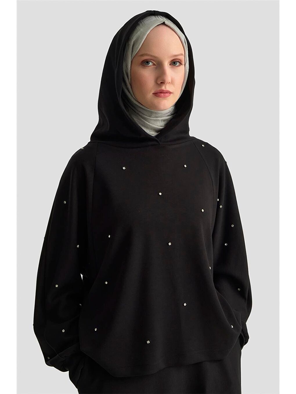 Taşlı Kapüşonlu Sweat 25Kd4031 Siyah-4
