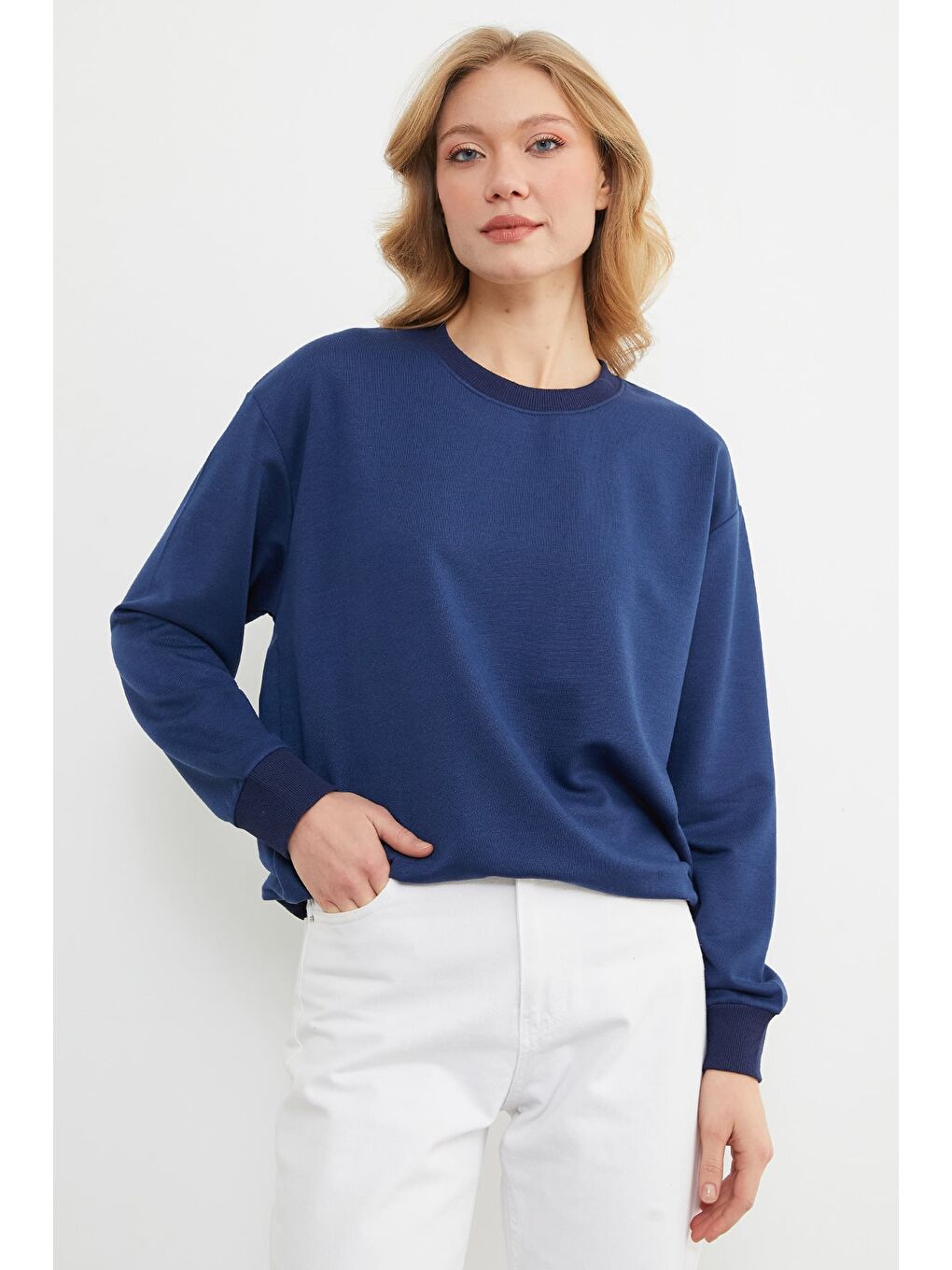 Lacivert Basic Bisiklet Yaka Sweatshirt-1
