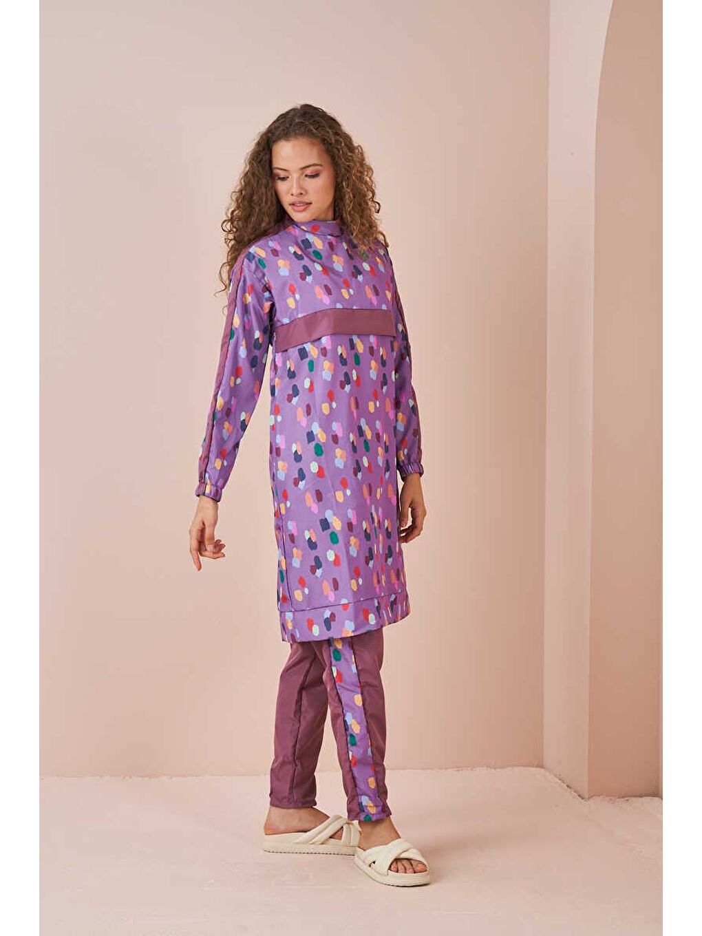 Puantiye Desen Tesettür Mayo Uzun Lila-1