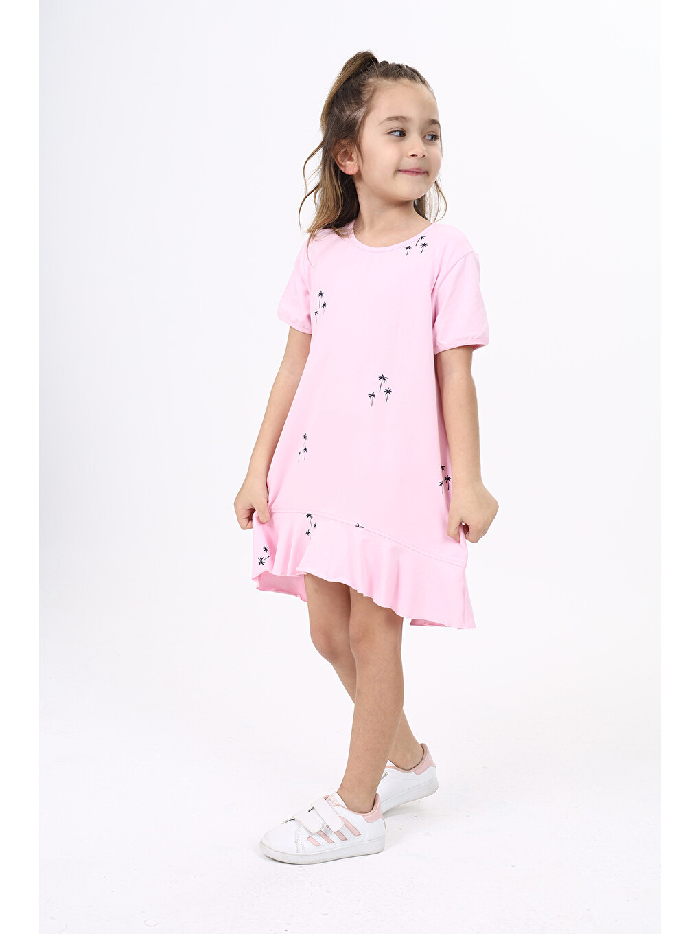 Pembe Kız Çocuk Baskılı Elbise-4