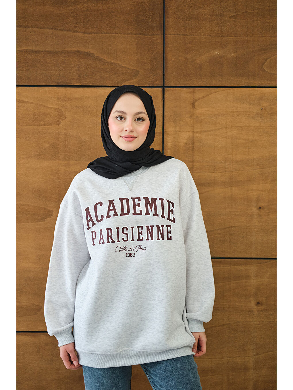 Kadın Yazı Baskılı Nakış İşlemeli Oversize Sweat Gri-2