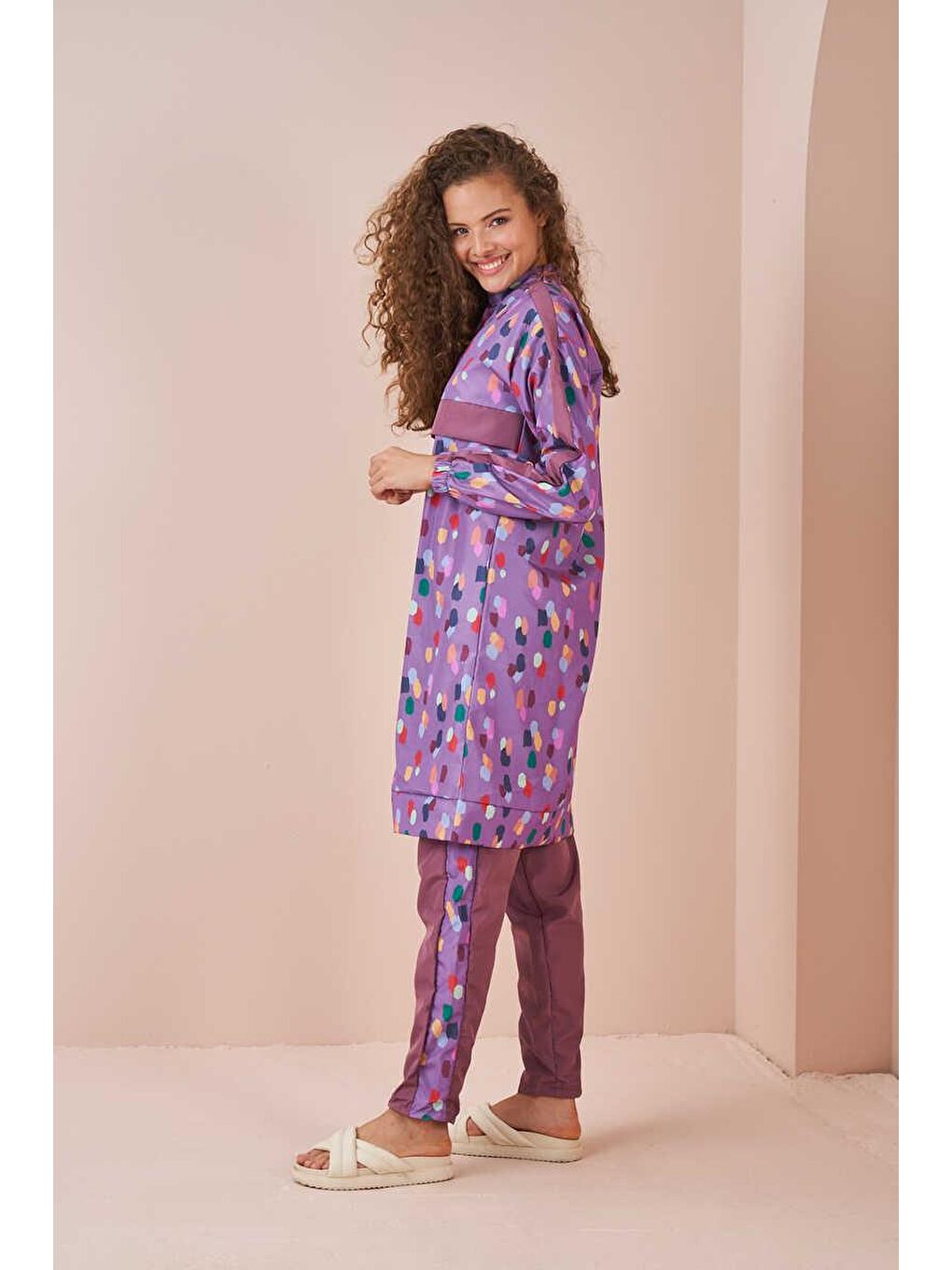 Puantiye Desen Tesettür Mayo Uzun Lila-2