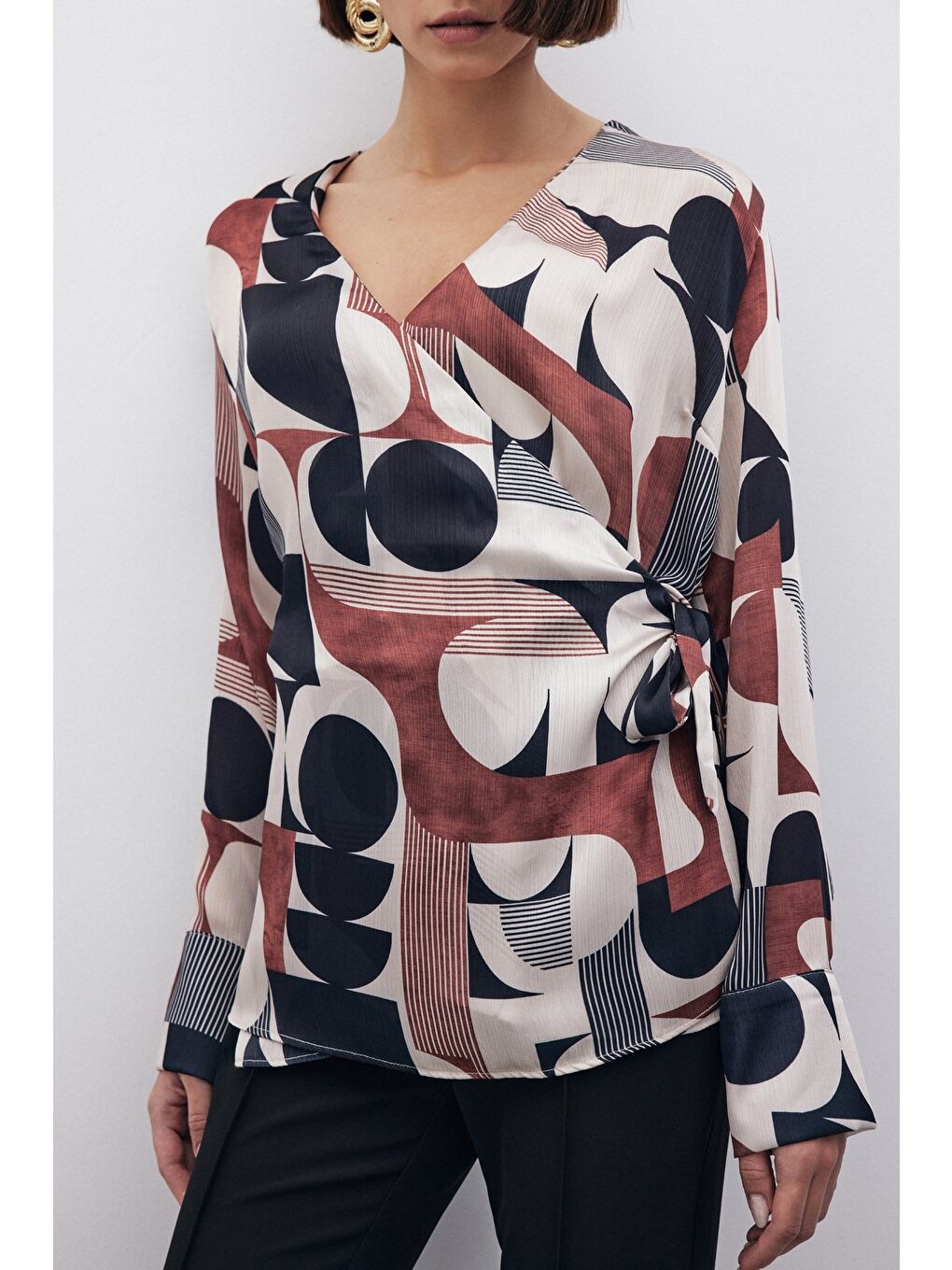 Kahverengi Kruvaze Yan Bağlamalı Bluz - Kahve-8