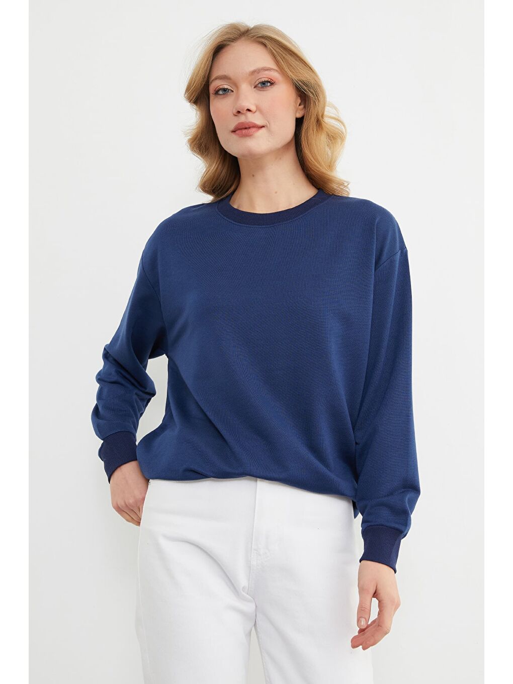 Lacivert Basic Bisiklet Yaka Sweatshirt-3