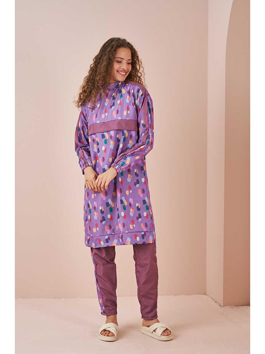 Puantiye Desen Tesettür Mayo Uzun Lila-4