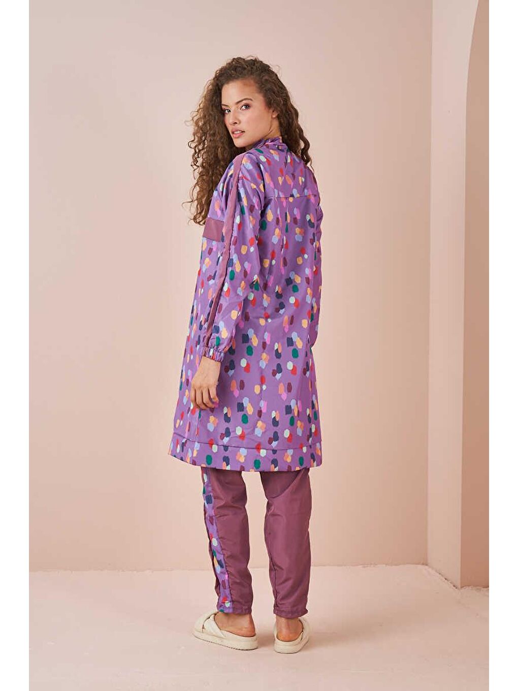 Puantiye Desen Tesettür Mayo Uzun Lila-5