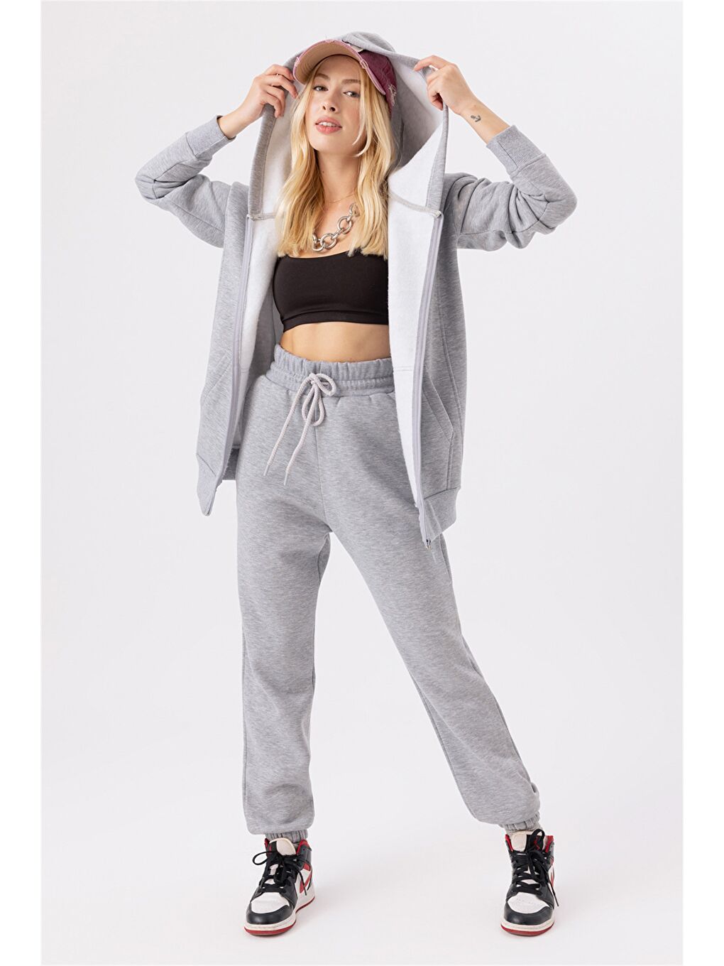 Kadın Oversize Fermuarlı Kapüşonlu Gri Sweatshirt-3