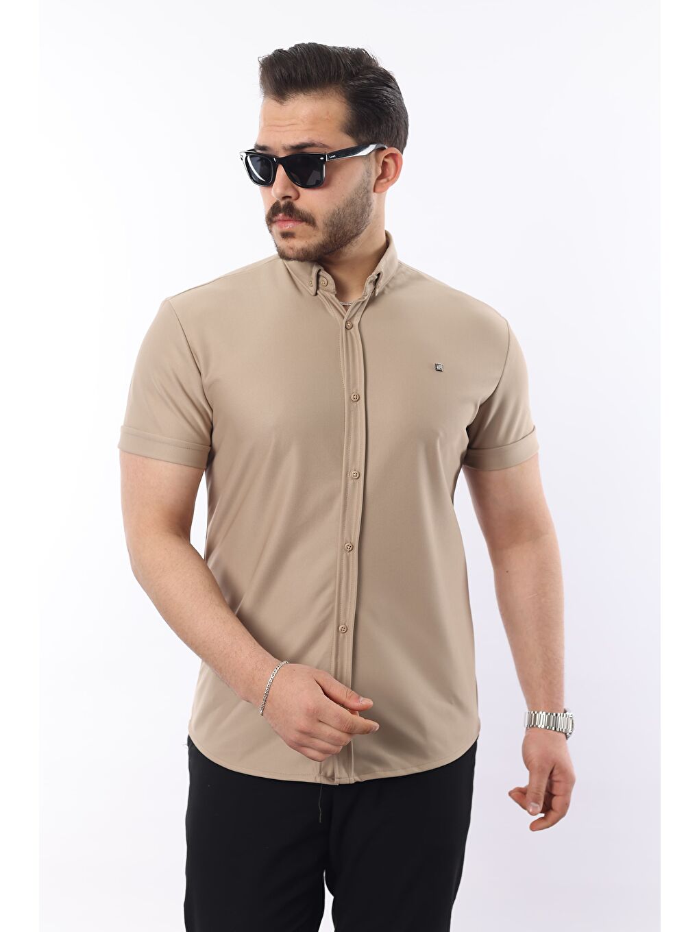 Bej Erkek Kısa Kollu Slim Fit Yazlık Basic Gömlek