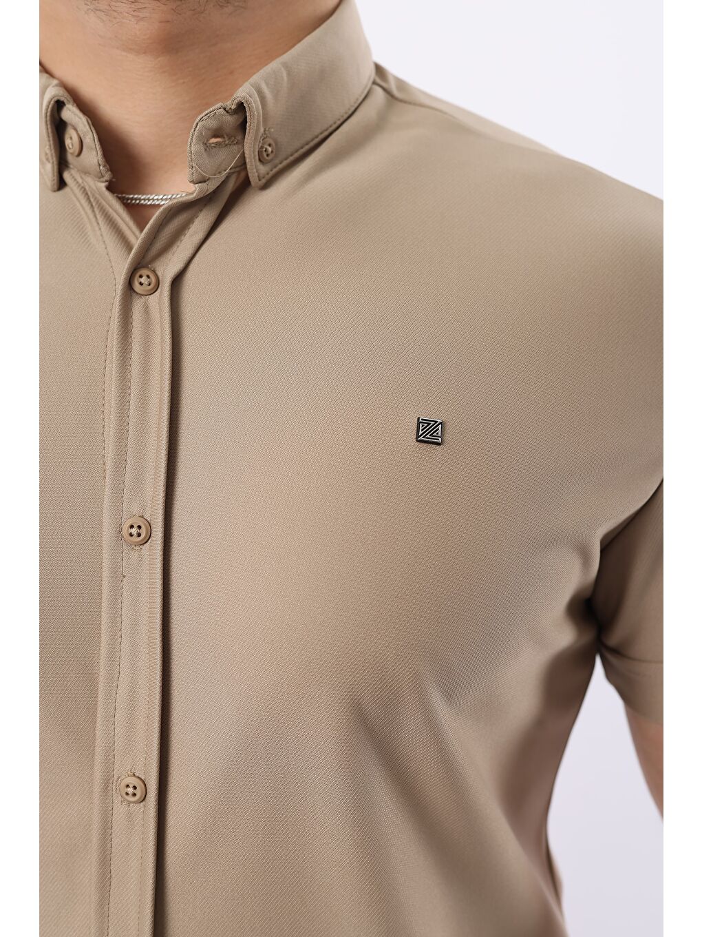 Bej Erkek Kısa Kollu Slim Fit Yazlık Basic Gömlek-1