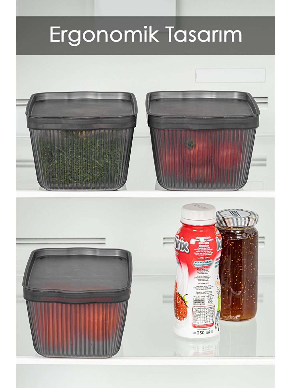 Gri 3'lü Perry Kapaklı Mutfak Buzdolabı Saklama Kabı Çok Amaçlı Mutfak Düzenleme Kutusu Smal 1,5 lt Füme-1