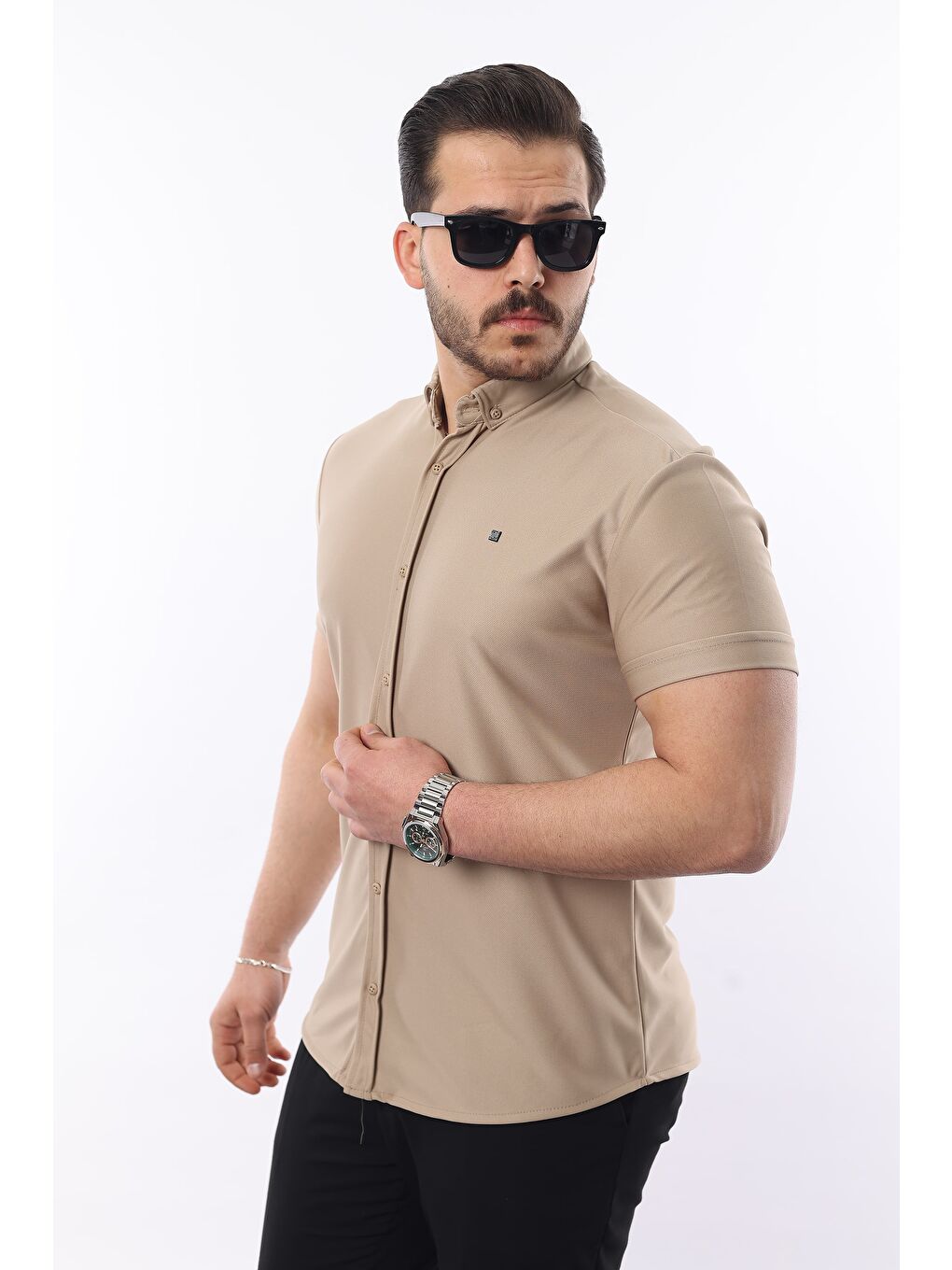 Bej Erkek Kısa Kollu Slim Fit Yazlık Basic Gömlek-2
