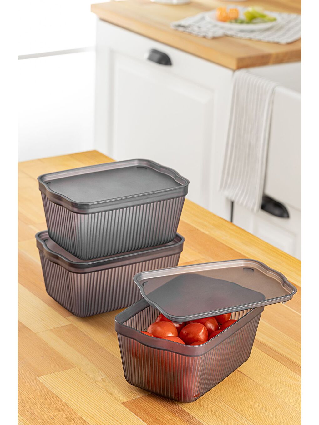 Gri 3'lü Perry Kapaklı Mutfak Buzdolabı Saklama Kabı Çok Amaçlı Mutfak Düzenleme Kutusu Smal 1,5 lt Füme-2