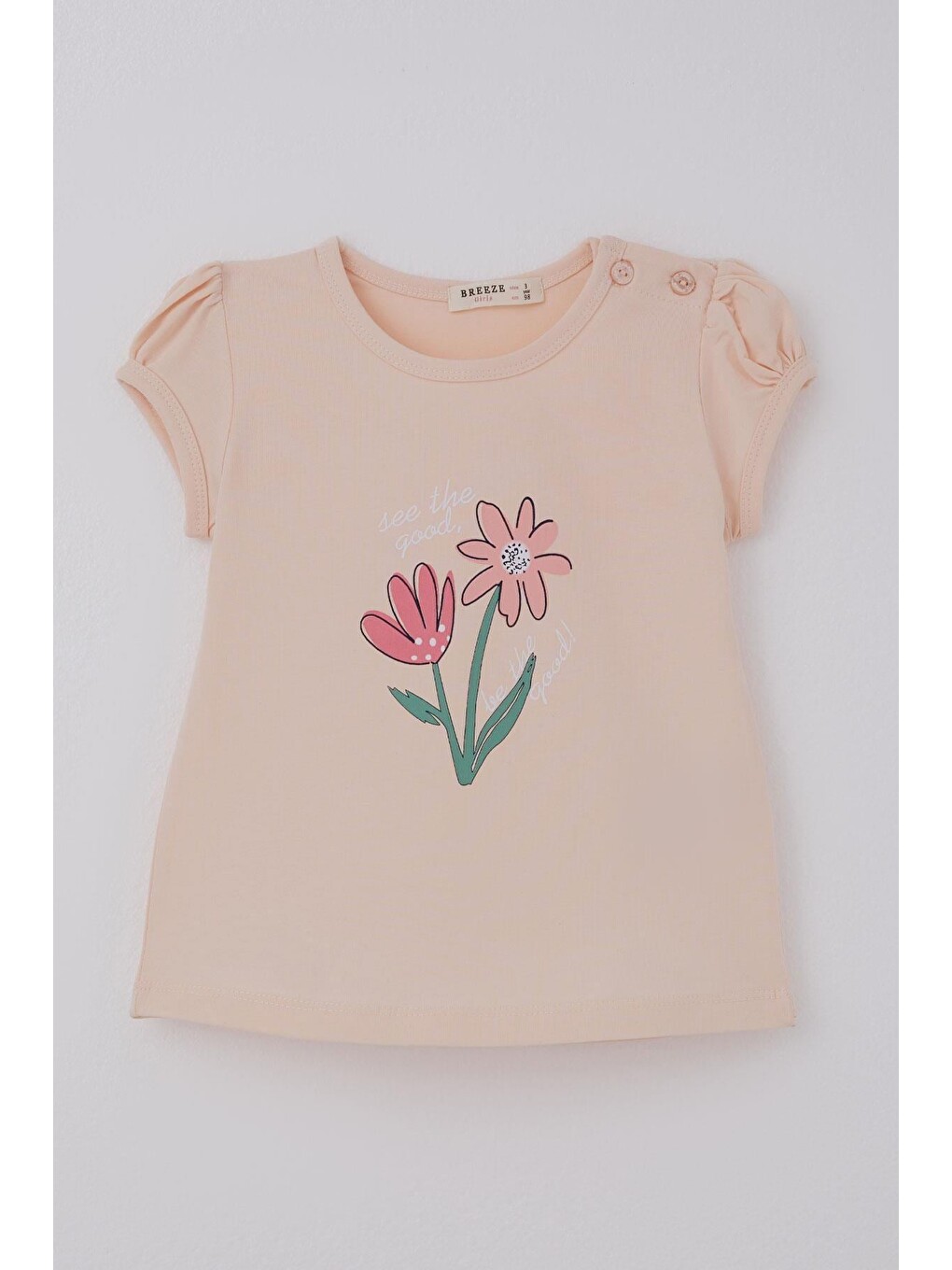 Pembe Kız Çocuk Tişört Renkli Çiçek Baskılı Pudra (1.5-5 Yaş)-1