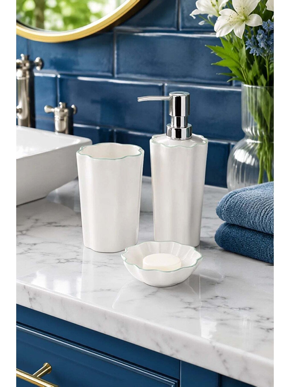 Yeşil Scallop 3 Parça Banyo Aksesuar Seti Basil