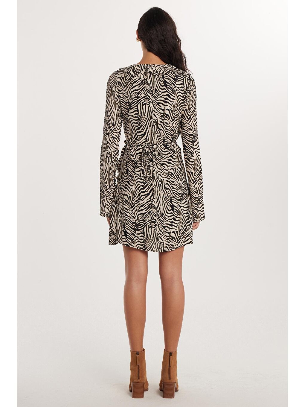 Karışık Kadın Regular Fit Klasik Kesim Desenli V Yaka Mini Elbise-4