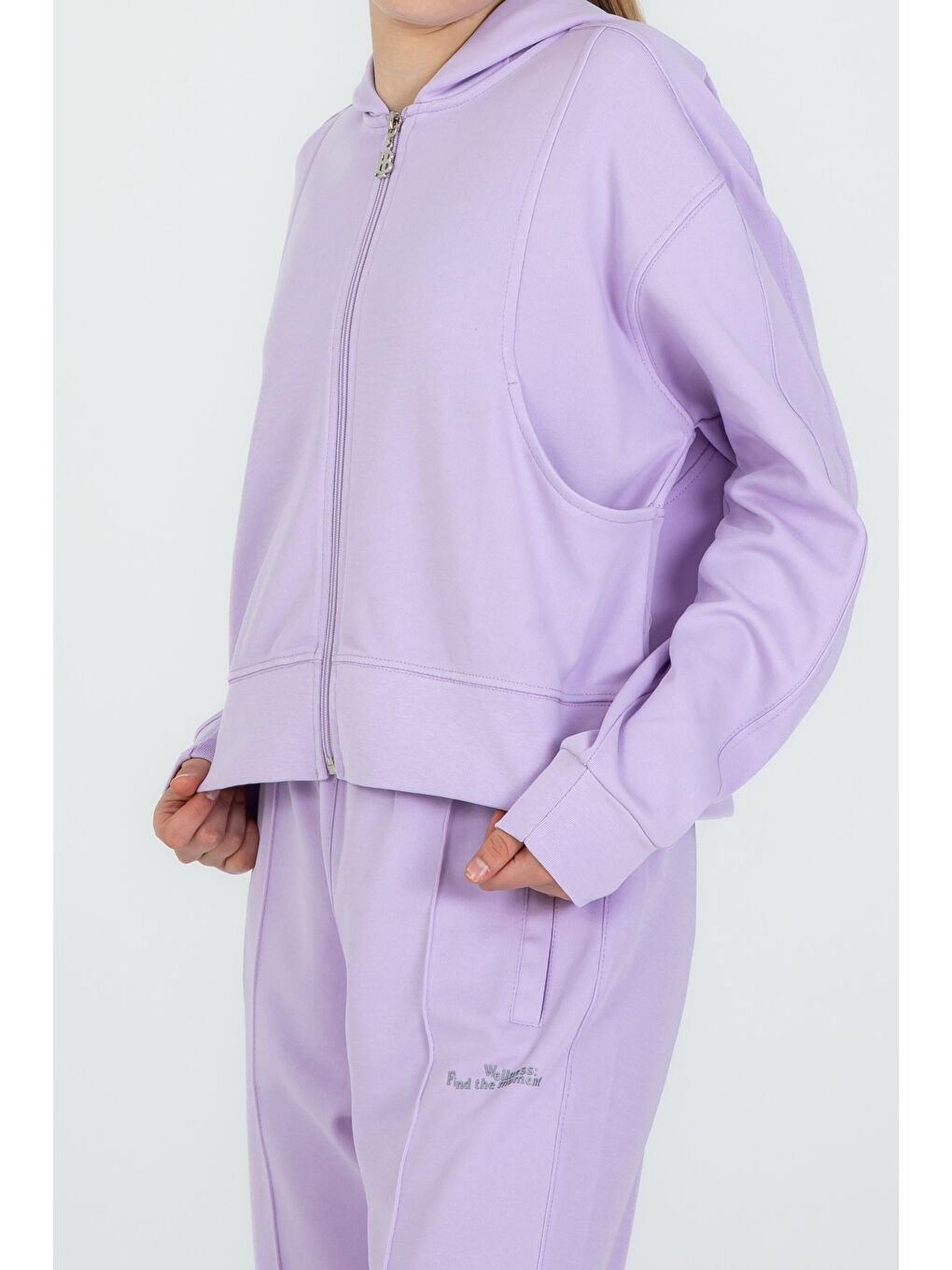 Lila Kız Çocuk Kapüşonlu Fermuarlı Ayarlanabilir Bel Eşofman Takım-2