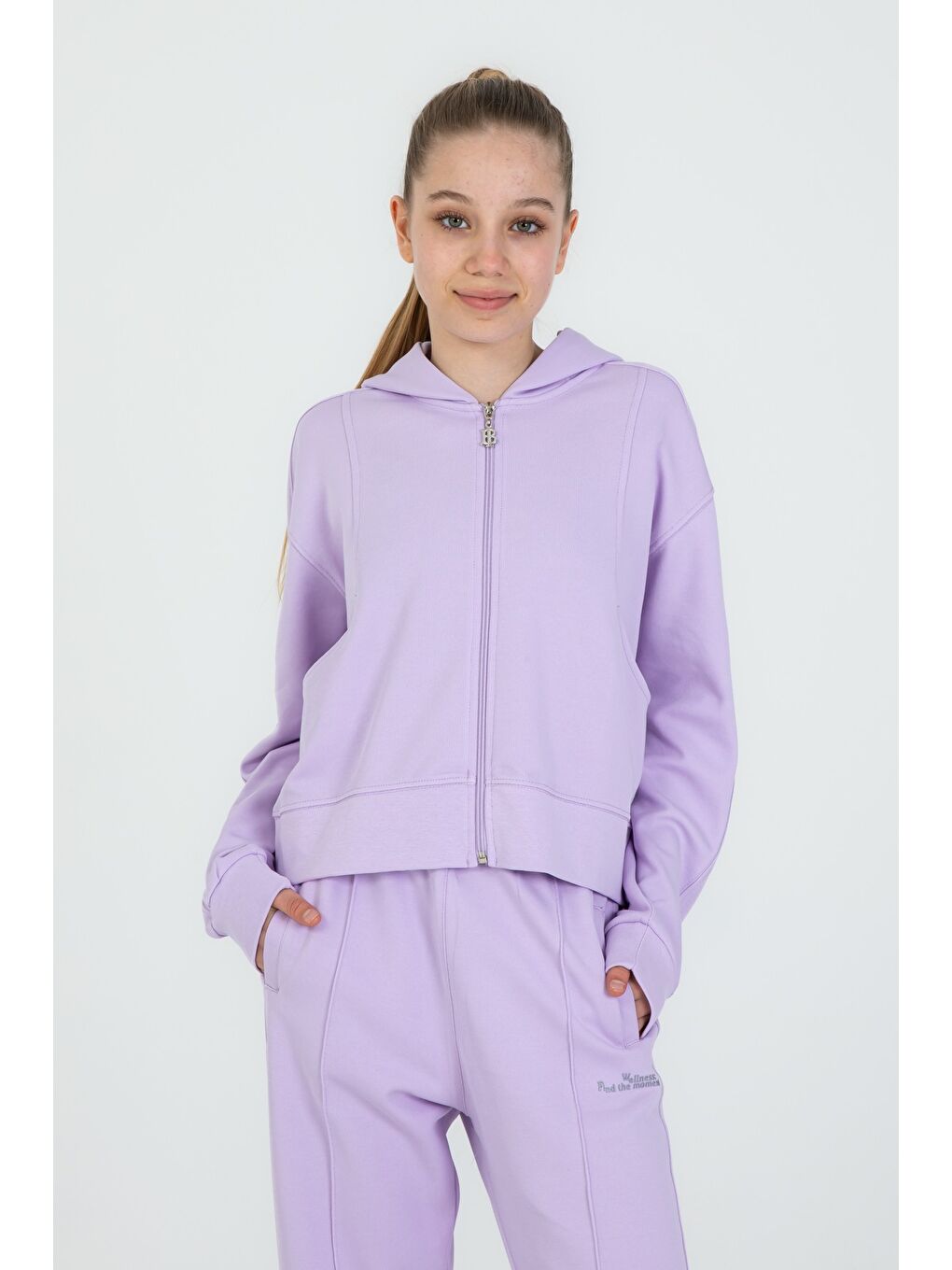Lila Kız Çocuk Kapüşonlu Fermuarlı Ayarlanabilir Bel Eşofman Takım-3
