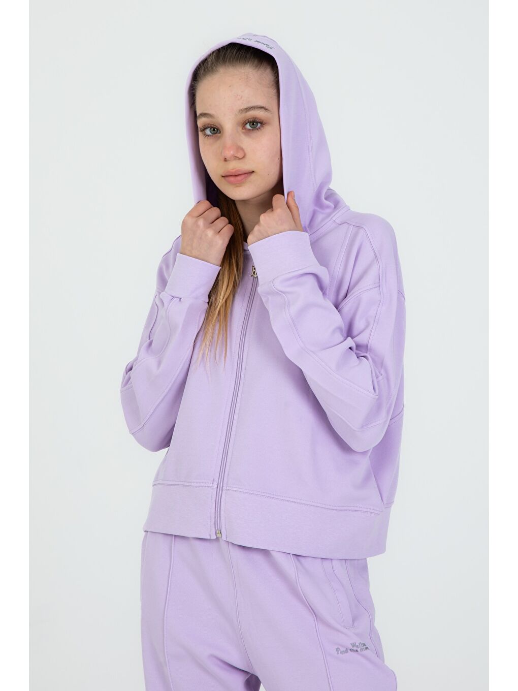 Lila Kız Çocuk Kapüşonlu Fermuarlı Ayarlanabilir Bel Eşofman Takım-4