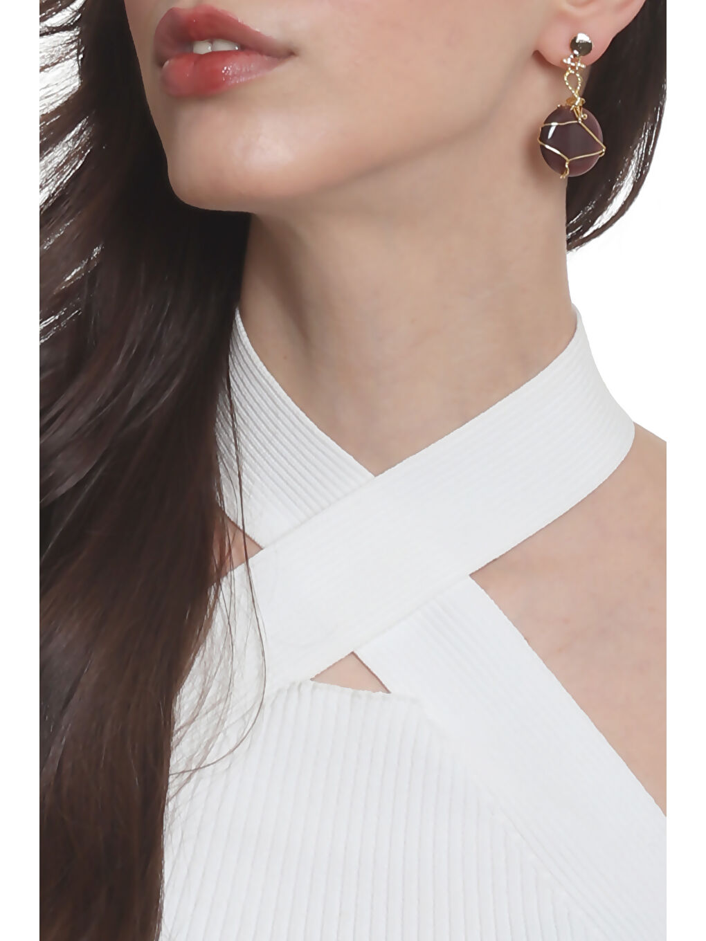 Mor Kadın Çivili Model Altın Renk Tel Sarma Tasarım Kedigözü Küpe-2