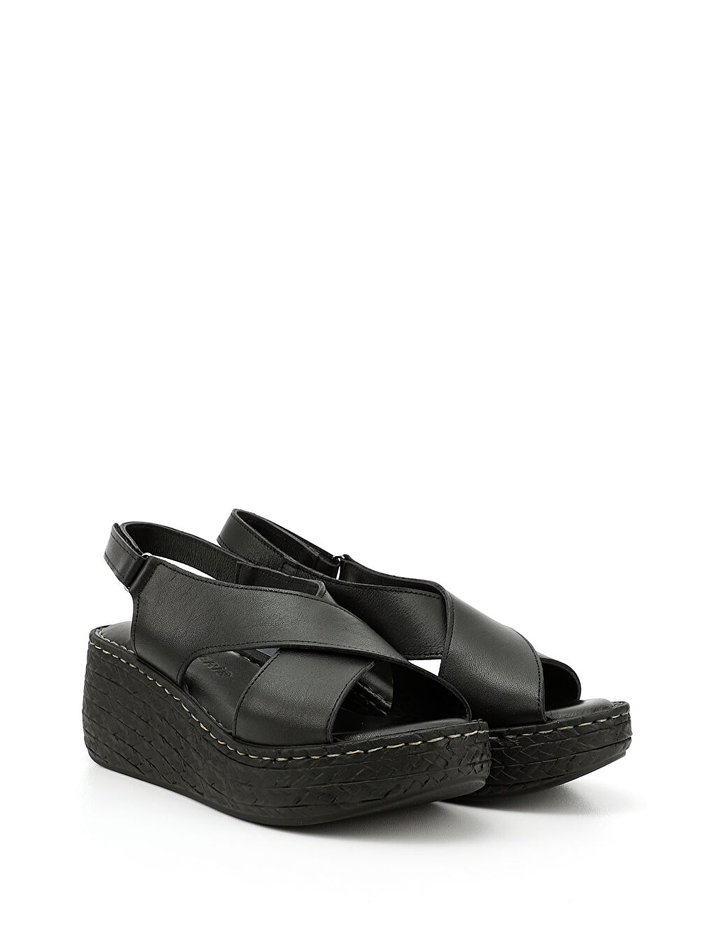 Mor Kadın ZÜMRÜT-SİYAH Cırt Bantlı Dolgu Tabanlı Hakiki Deri Sandalet-1