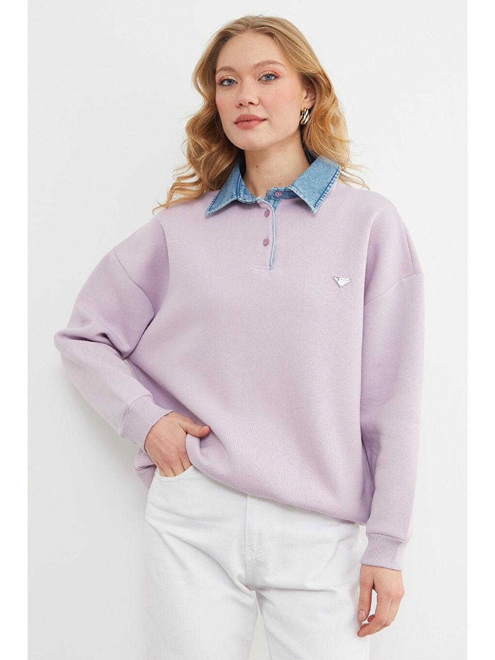 Lila 3 İplik Jean Garnili Metal Aksesuarlı Sweatshirt
