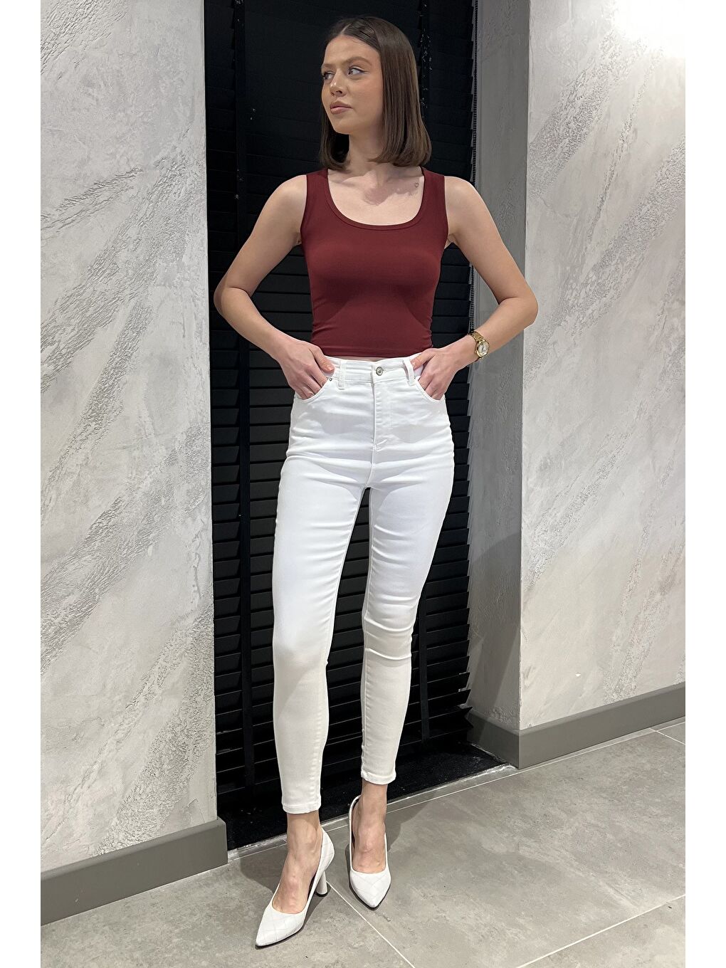 Ekru Yüksek Bel Ful Elastanlı Kadın Pantolon