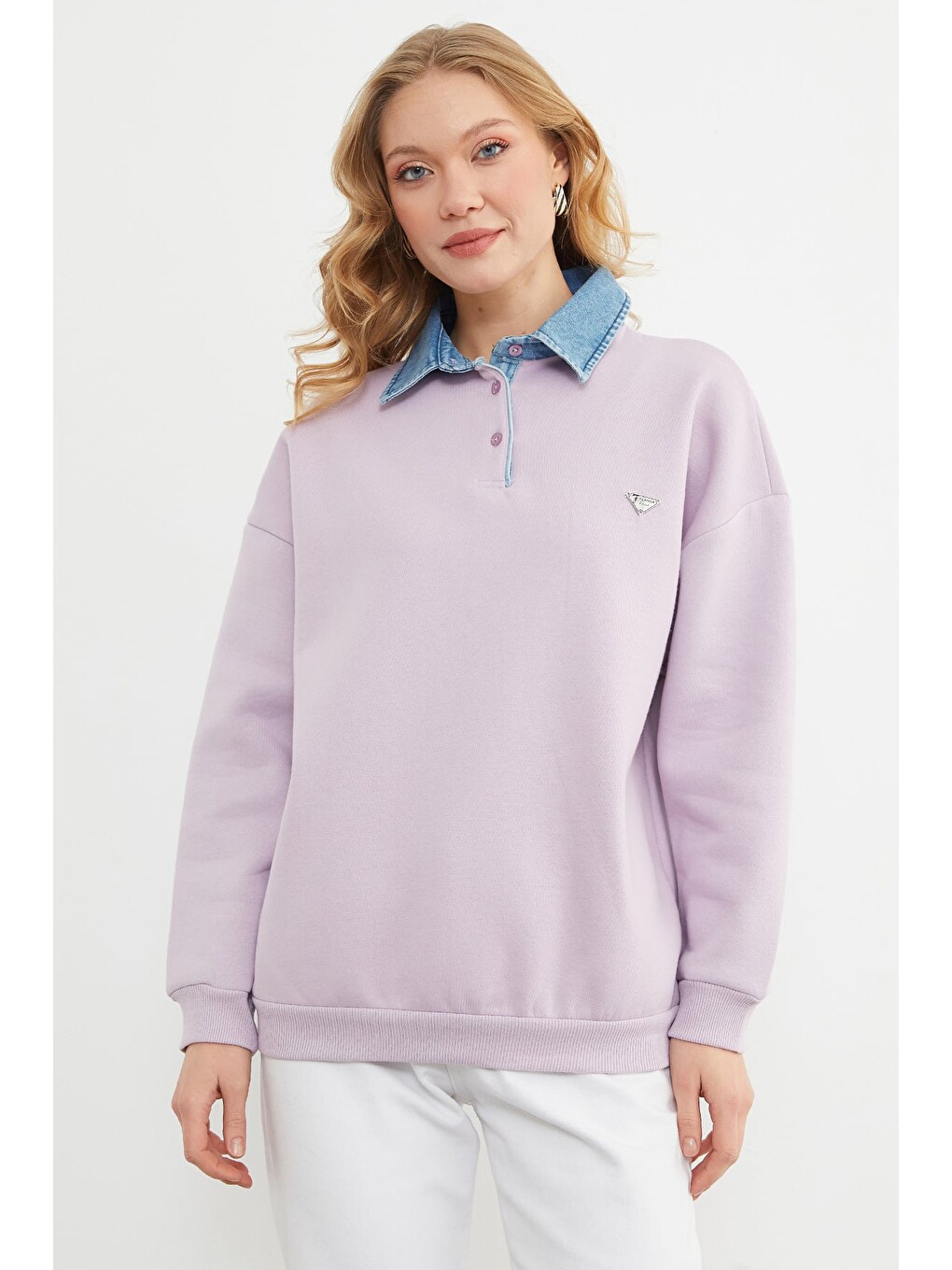 Lila 3 İplik Jean Garnili Metal Aksesuarlı Sweatshirt-1
