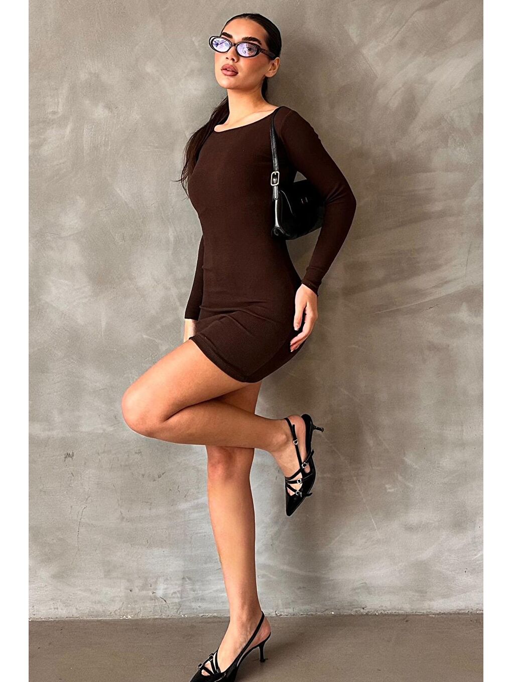 Kahverengi Madonna Yaka Mini Elbise Mg2041-1