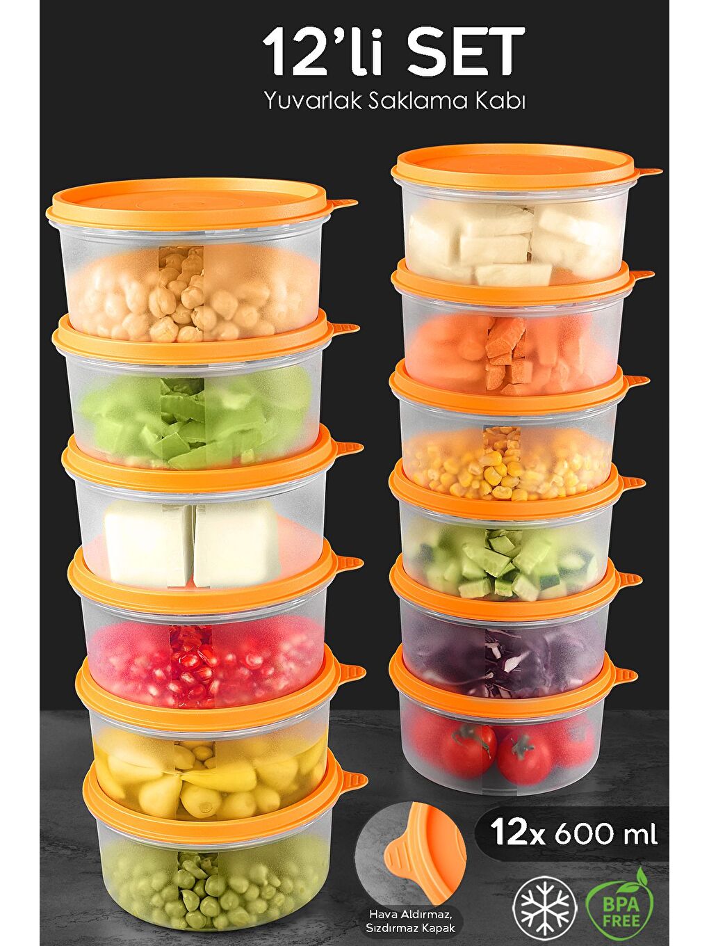 12'li Yuvarlak Gıda Saklama Kabı Seti 12x600 ml Turuncu