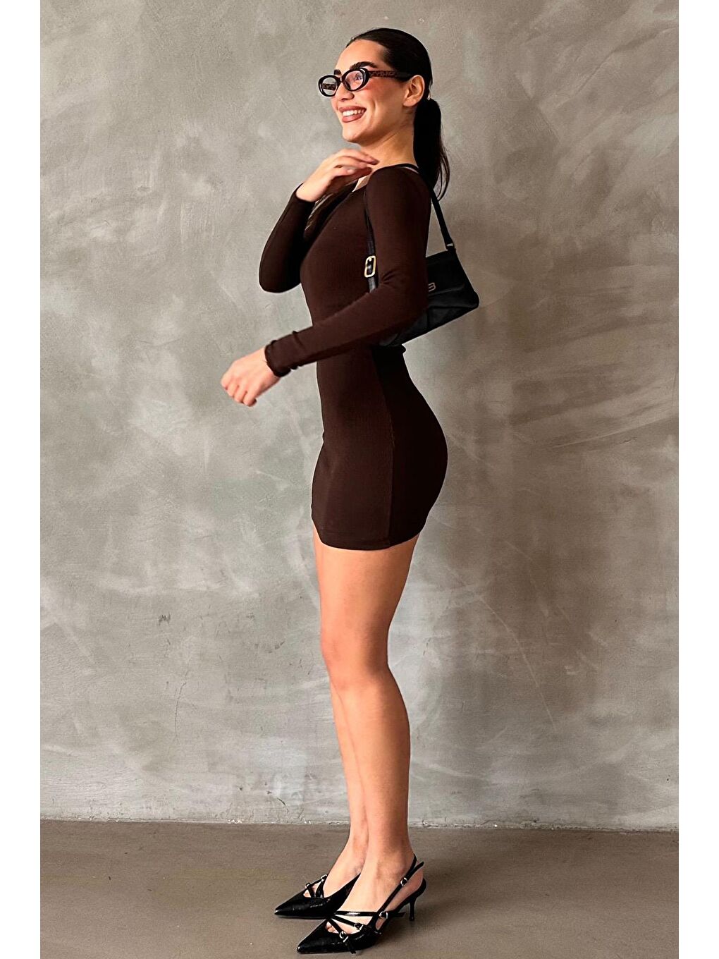 Kahverengi Madonna Yaka Mini Elbise Mg2041-2