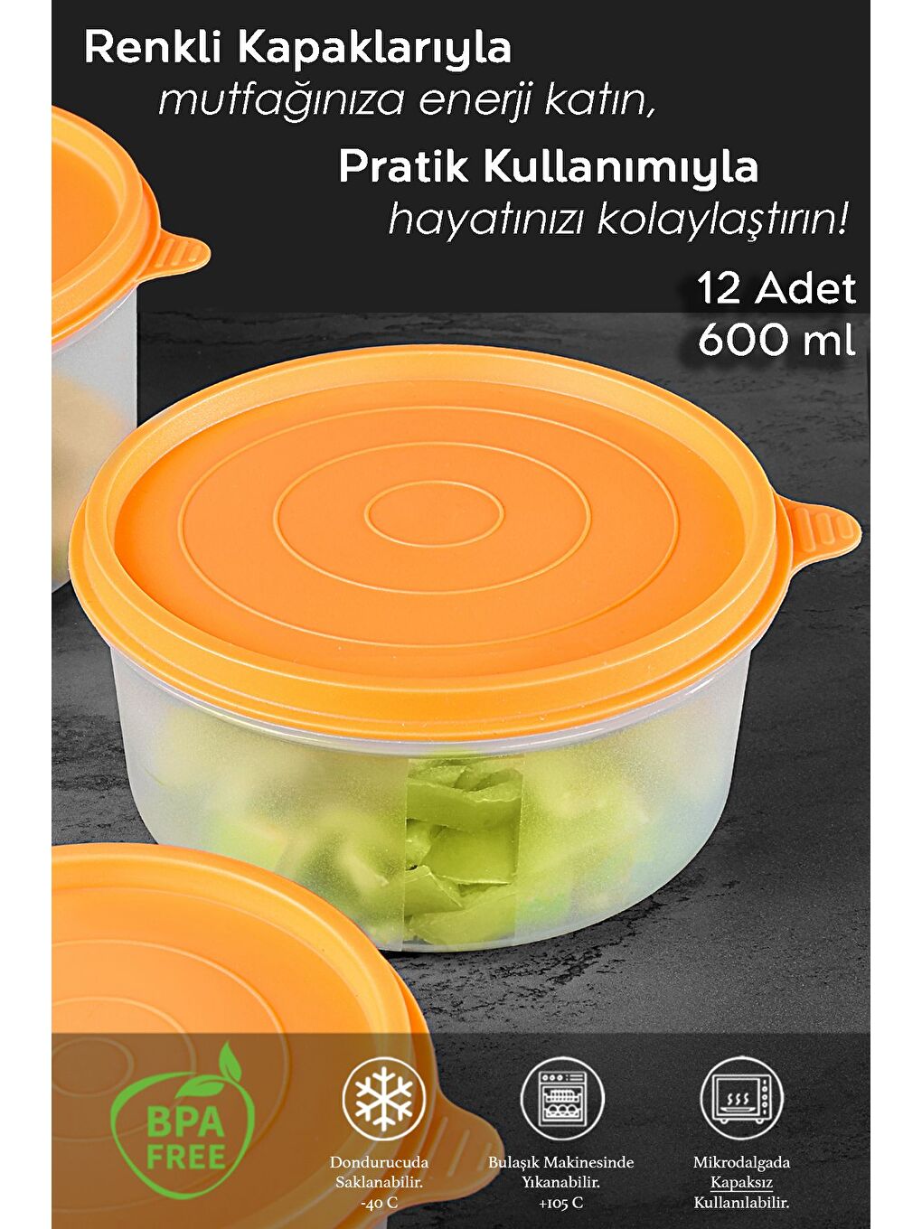 12'li Yuvarlak Gıda Saklama Kabı Seti 12x600 ml Turuncu-1