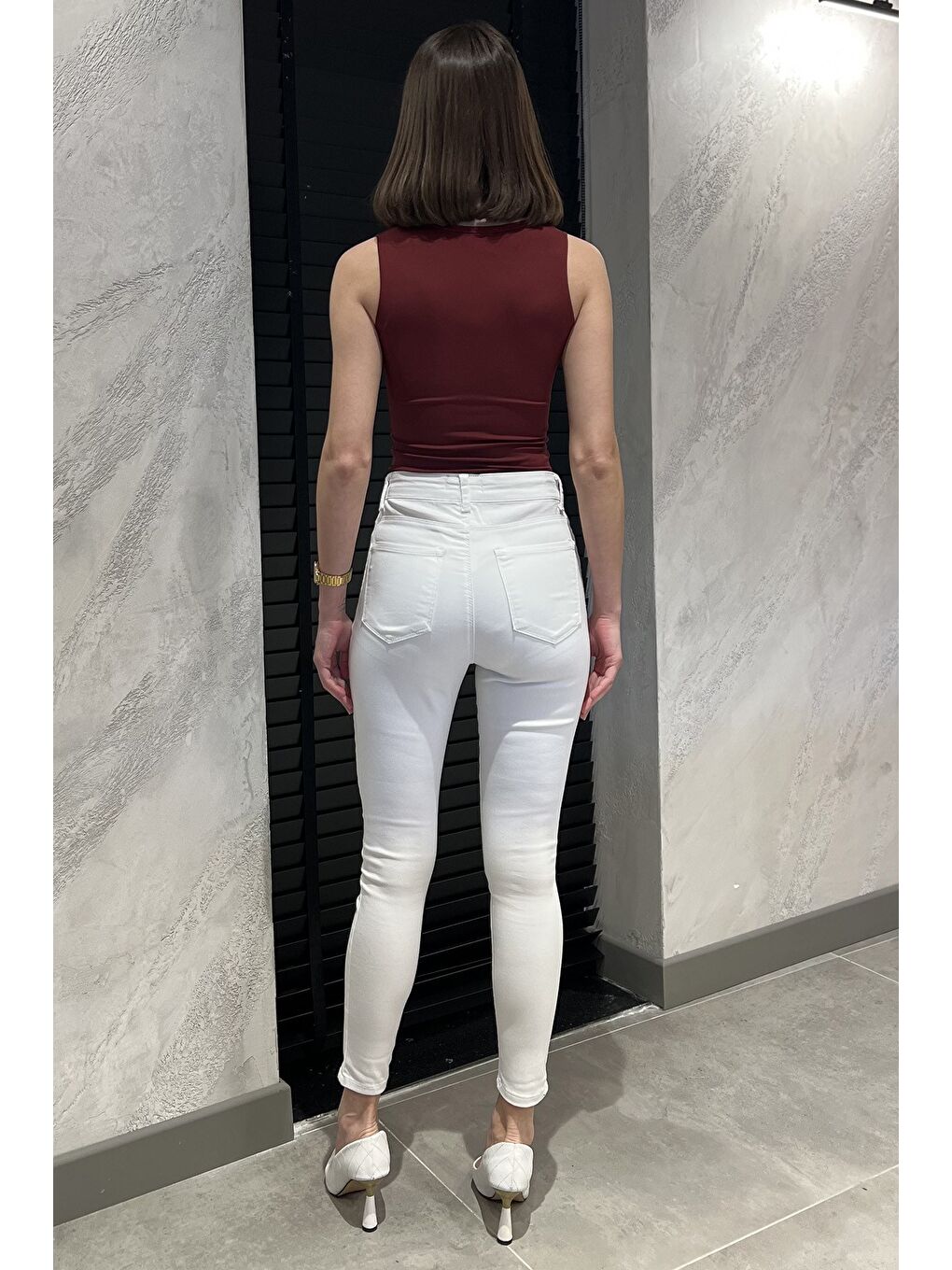 Ekru Yüksek Bel Ful Elastanlı Kadın Pantolon-2