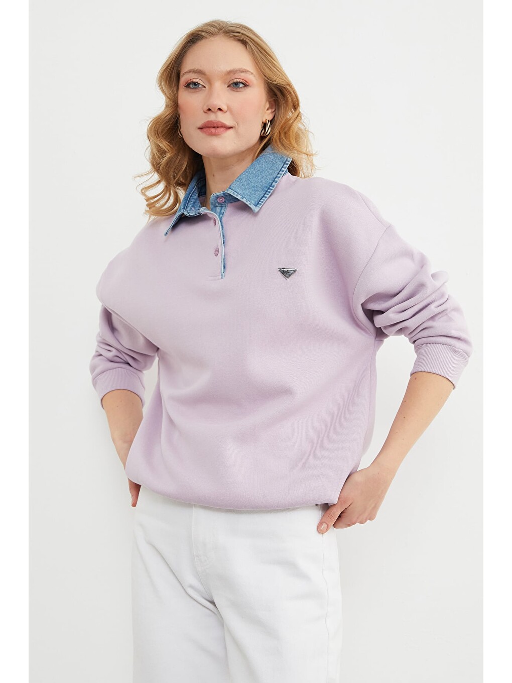 Lila 3 İplik Jean Garnili Metal Aksesuarlı Sweatshirt-3