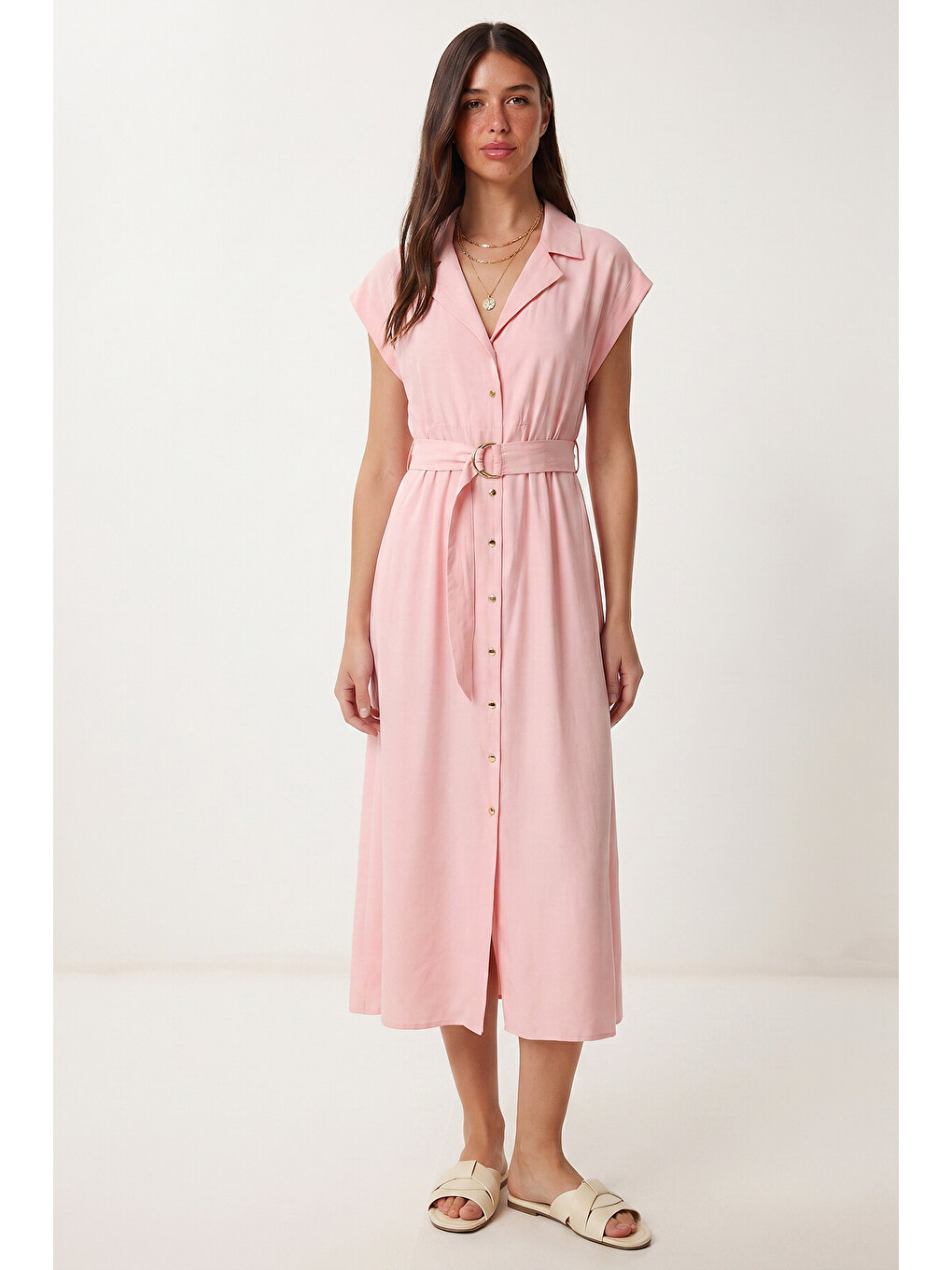 Pembe Kuşaklı Modal Gömlek Elbise ŞEKER PEMBE LUB0360