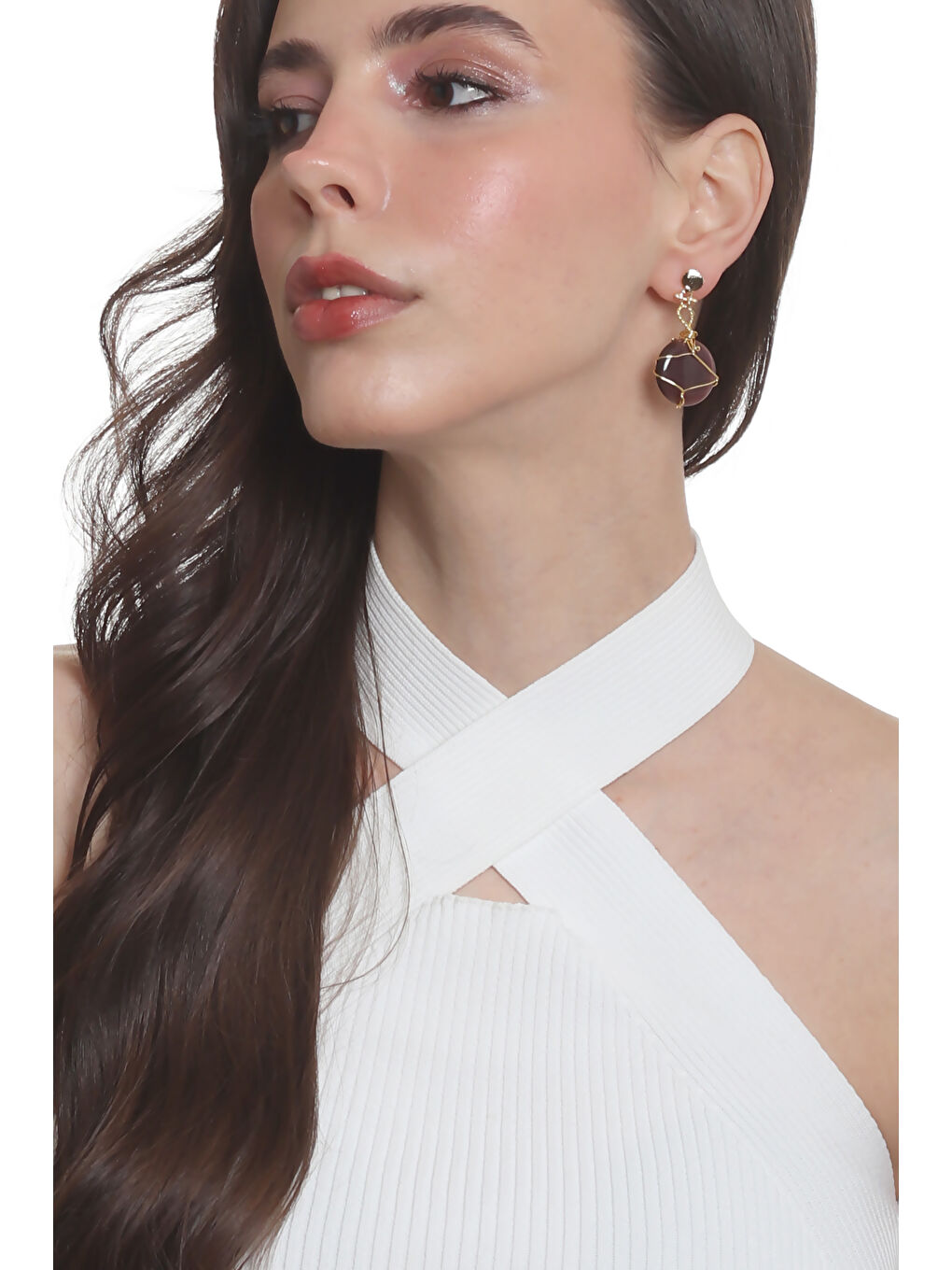 Mor Kadın Çivili Model Altın Renk Tel Sarma Tasarım Kedigözü Küpe-1