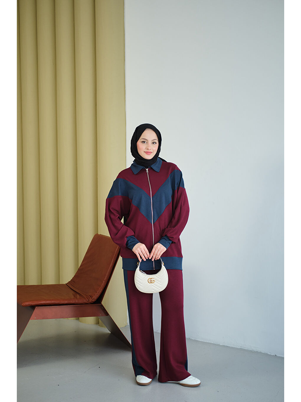 Kadın Çift Renk Detay İkili Takım Bordo-2