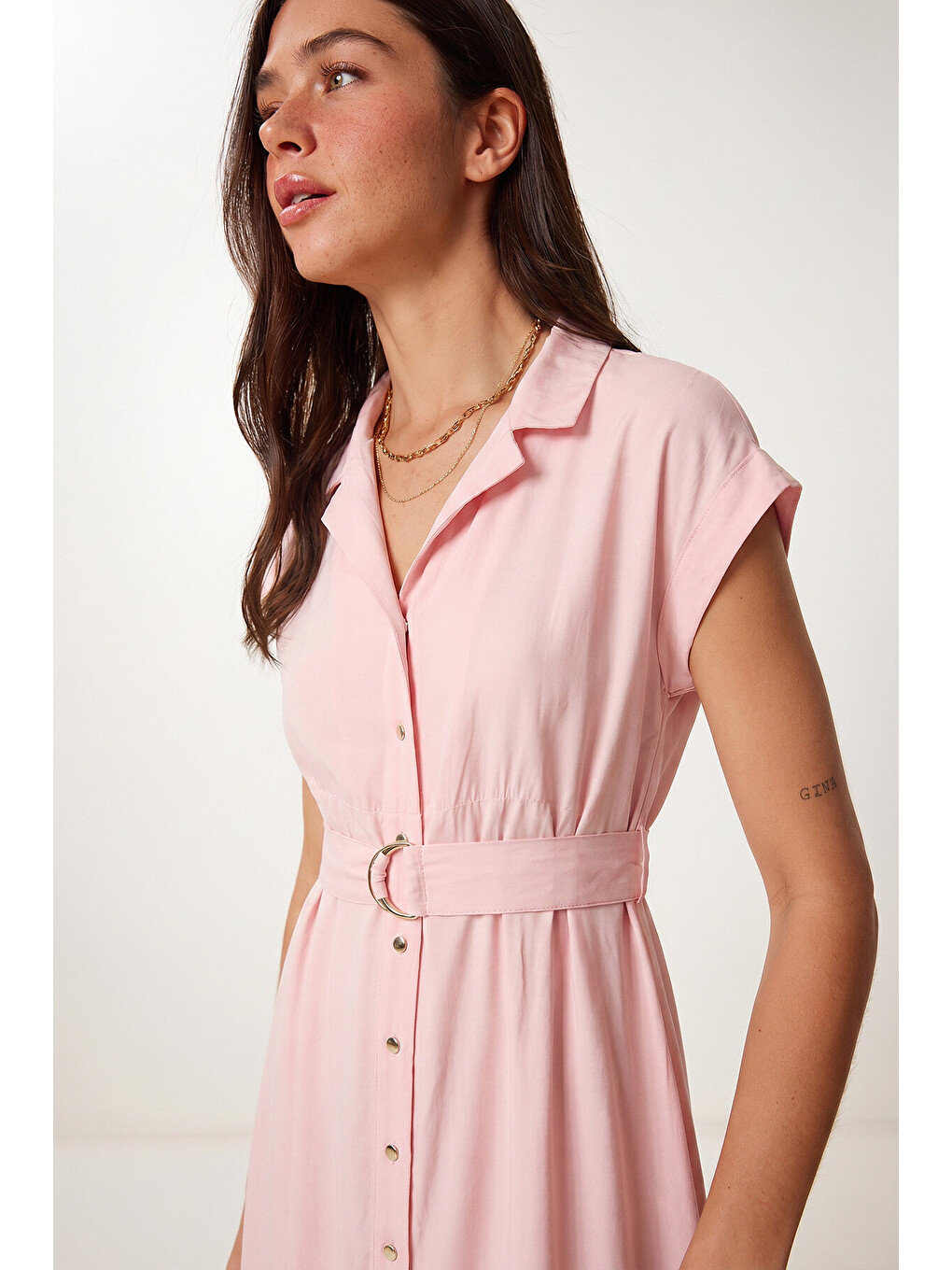 Pembe Kuşaklı Modal Gömlek Elbise ŞEKER PEMBE LUB0360-2