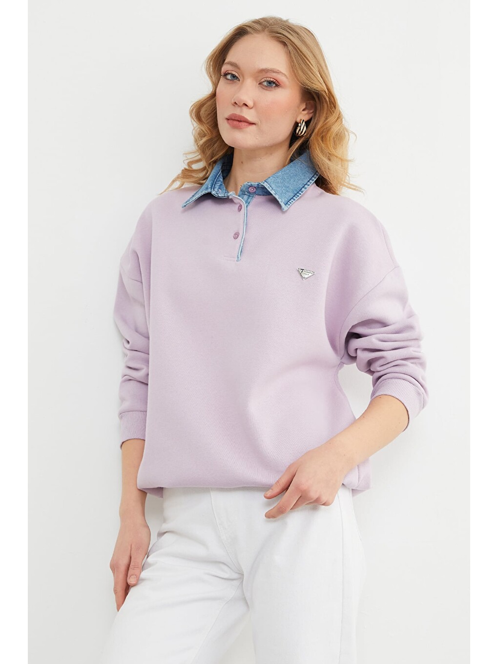 Lila 3 İplik Jean Garnili Metal Aksesuarlı Sweatshirt-4