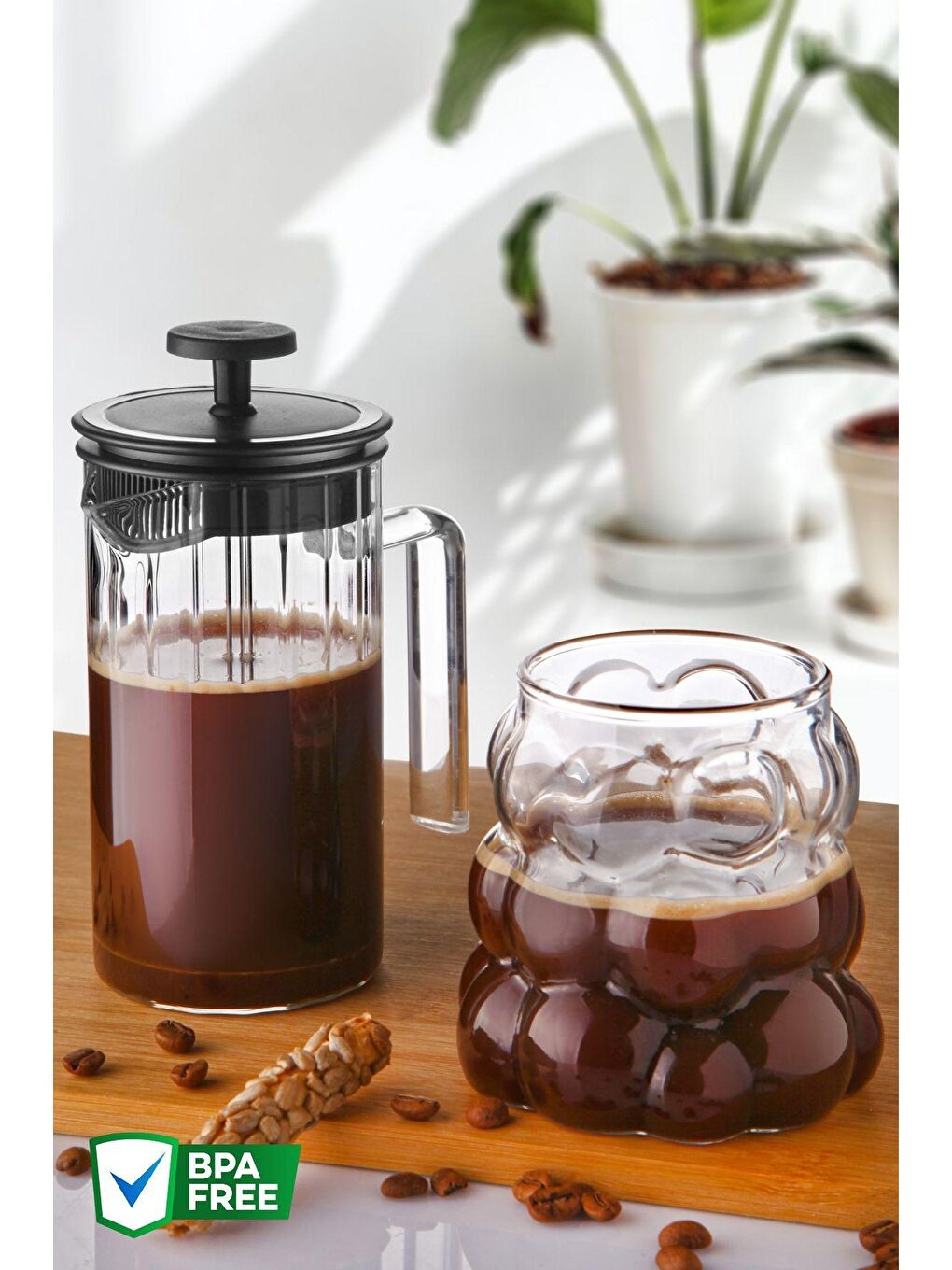 Nandy Home Renksiz French Press ve Üzüm Model Bardak 2'li Set