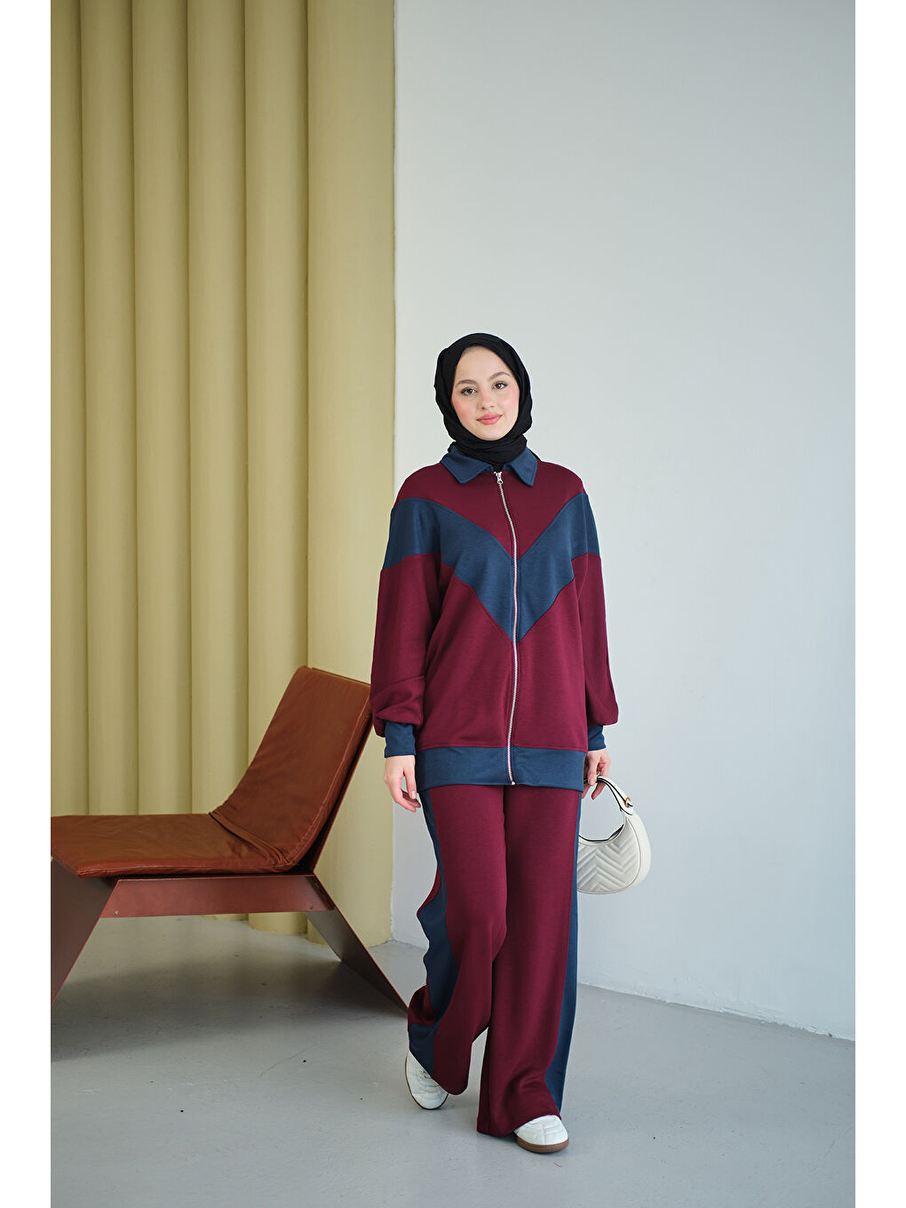 Kadın Çift Renk Detay İkili Takım Bordo-4