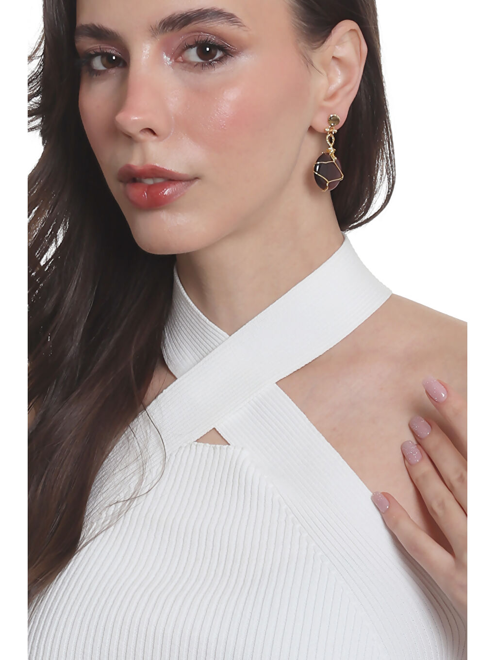 Mor Kadın Çivili Model Altın Renk Tel Sarma Tasarım Kedigözü Küpe-5